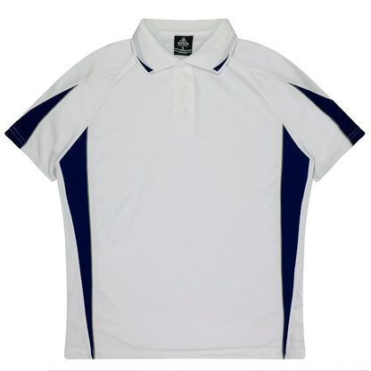 Aussie Pacific N3304 Kids Eureka Polo, white navy, front view, hard wearing, relaxed fit