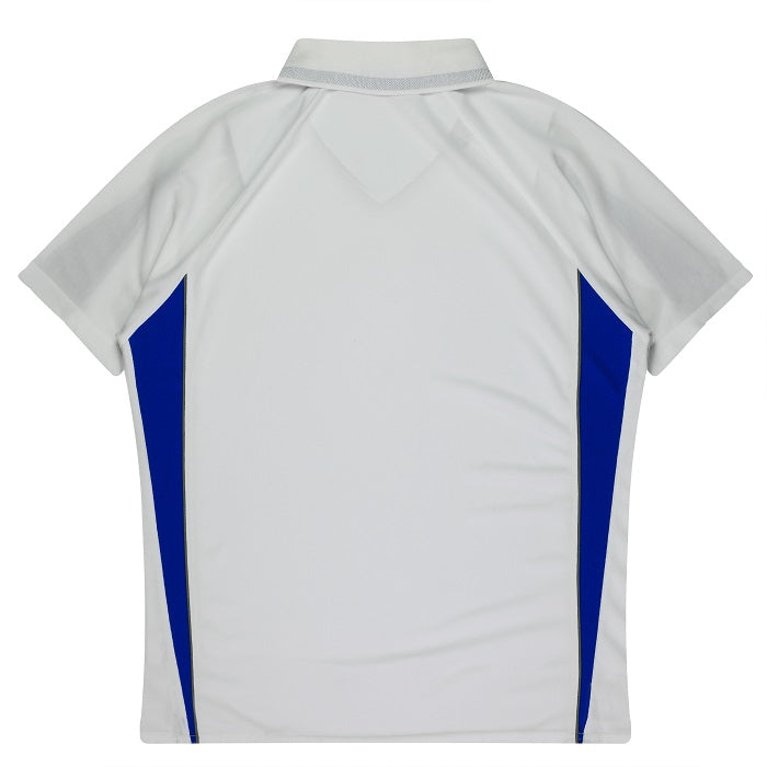 Aussie Pacific N3304 Kids Eureka Polo, white/royal, back view