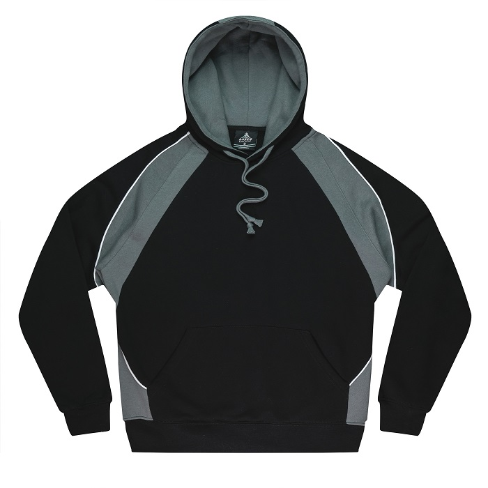 Childrens black and gray with white piping, colorblock pullover hoodie with a kangaroo pocket and drawstring hood, Aussie Pacific N3509 Huxley Kids Hoodies, front view