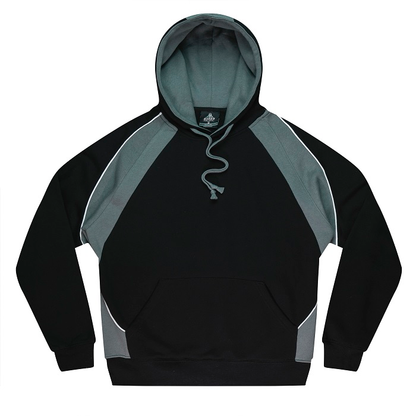 Childrens black and gray with white piping, colorblock pullover hoodie with a kangaroo pocket and drawstring hood, Aussie Pacific N3509 Huxley Kids Hoodies, front view