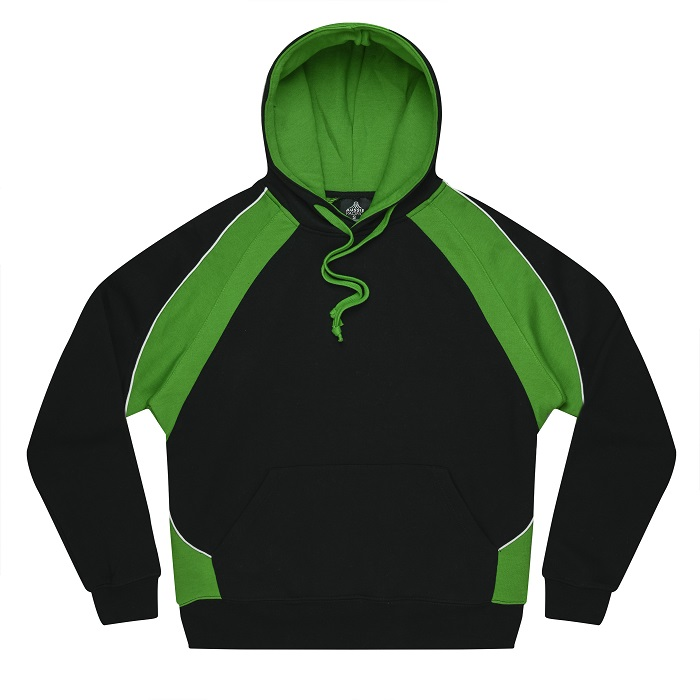 Aussie Pacific N3509 Huxley Kids Hoodies, black, kawana green and white, quick drying, relaxed fit, front view