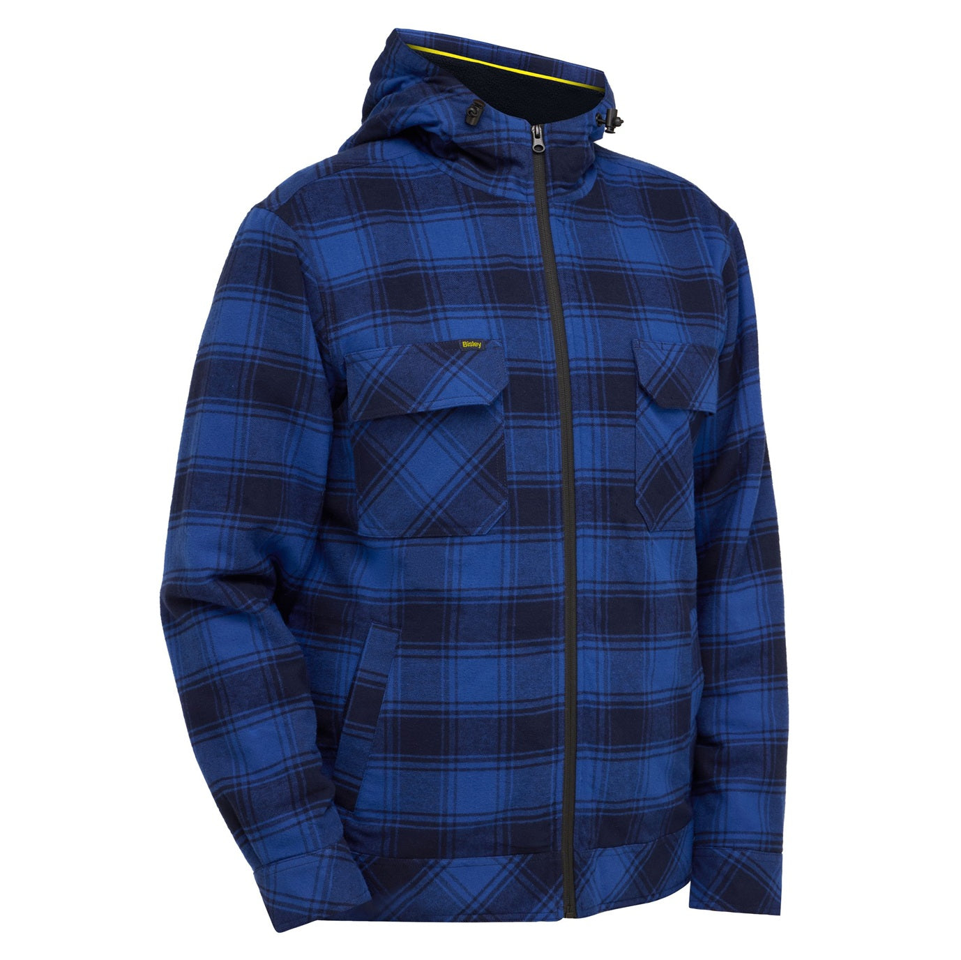 Blue plaid jacket with a hood on a white background