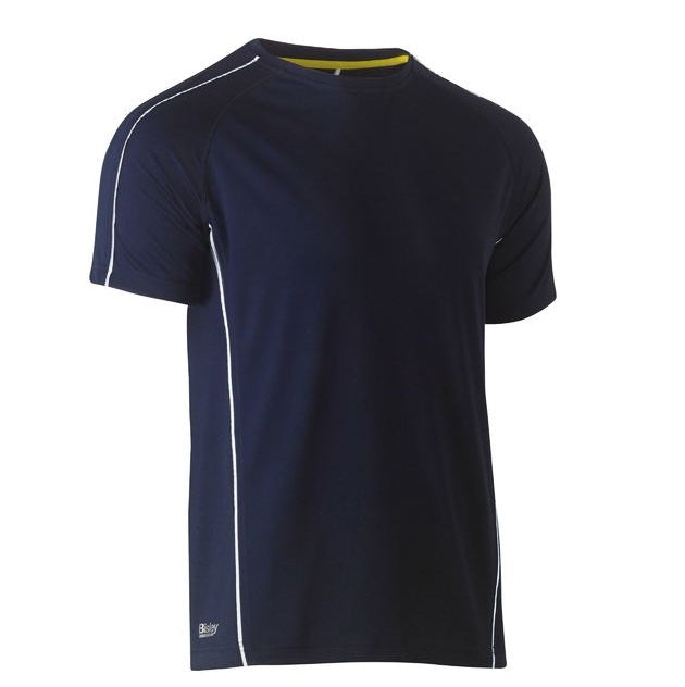 Navy blue athletic shirt with white accents on a white background