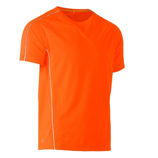 Orange athletic shirt with white accents on a white background