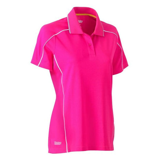 Pink polo shirt with white accents on a white background