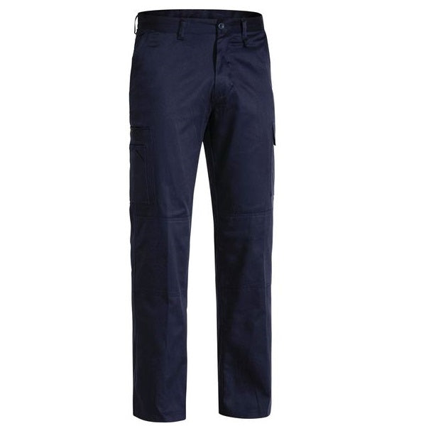 A pair of navy blue men's contractor pants with multiple pockets and a zippered front.