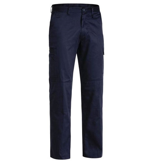A pair of navy blue men's contractor pants with multiple pockets and a zippered front.