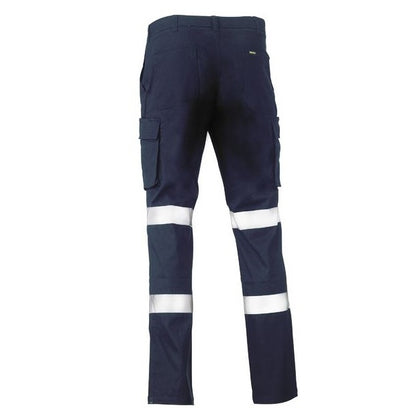 Navy work pants with reflective stripes on a white background