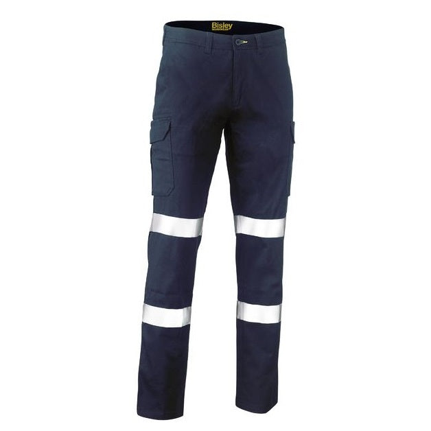 Navy work pants with reflective stripes on a white background