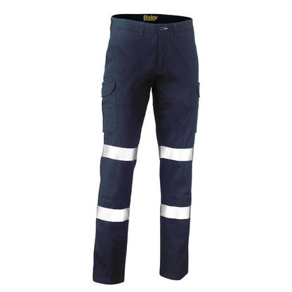 Navy work pants with reflective stripes on a white background