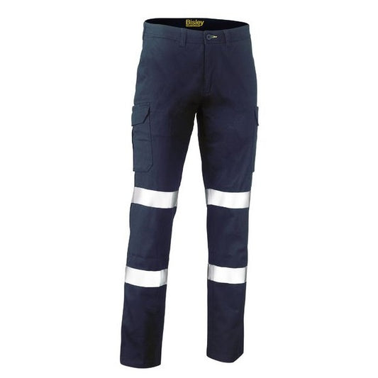 Navy work pants with reflective stripes on a white background
