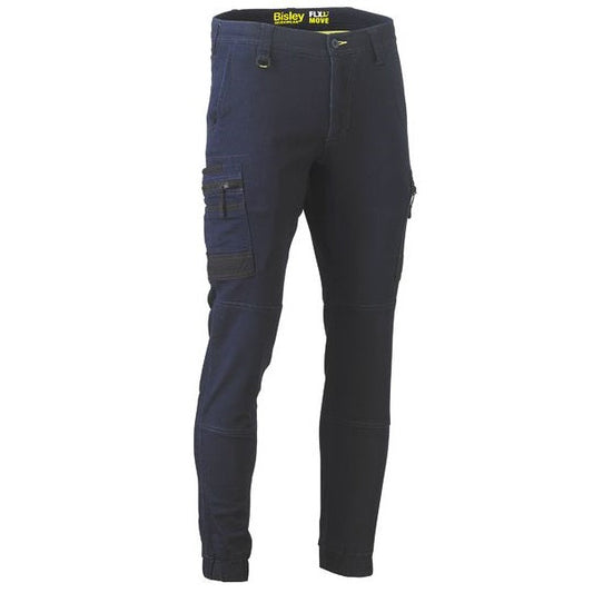 Navy blue work pants with multiple pockets on a white background