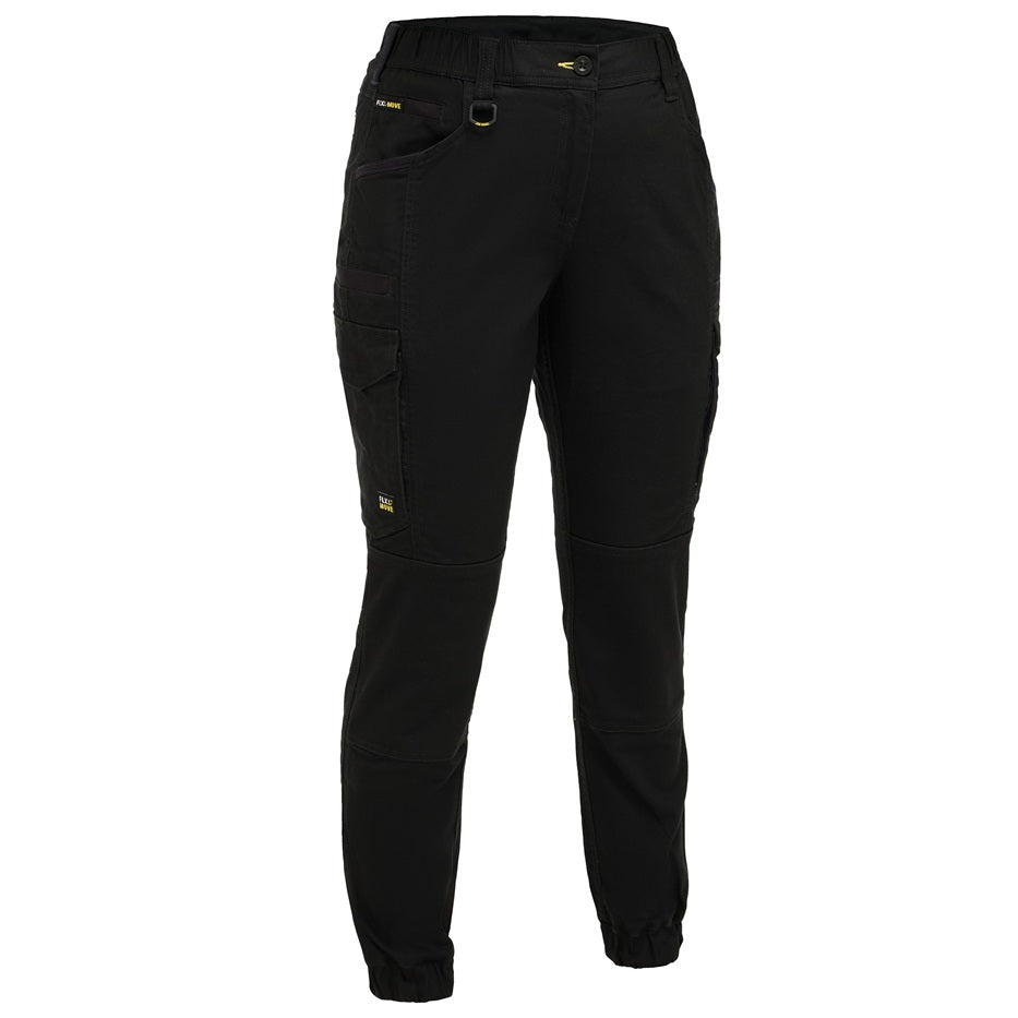 Black pants with visible branding on a white background