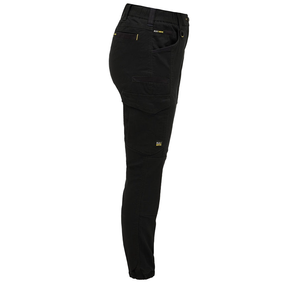 Black pants with yellow accents on a white background