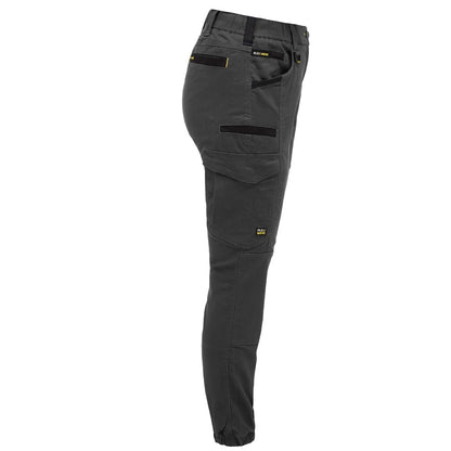 Black pants with multiple pockets on a white background