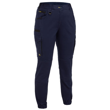 Navy blue work pants with multiple pockets on a white background