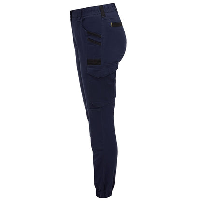 Navy blue pants with multiple pockets on a white background