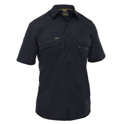 Black short-sleeve shirt with button details with pockets on a white background