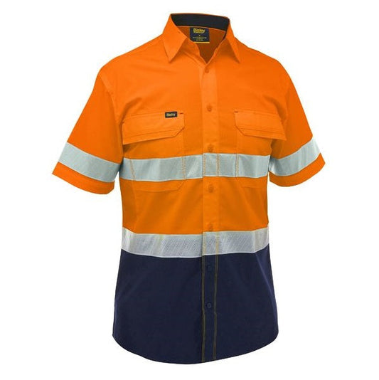 Orange and navy work shirt with reflective stripes on a white background