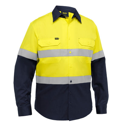 High-visibility work shirt with yellow and navy colors on a white background