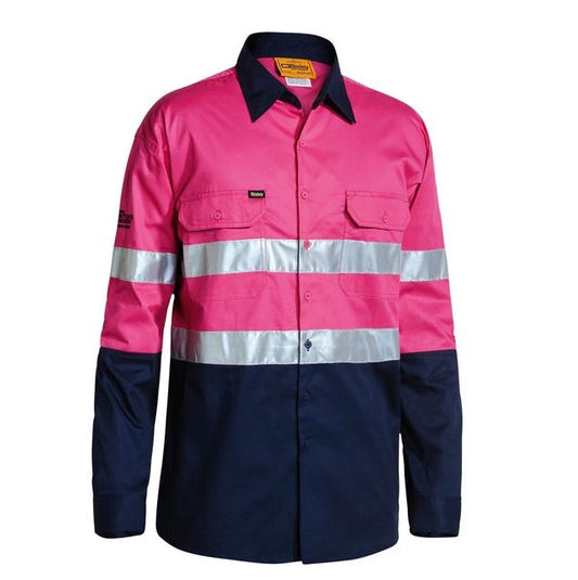 Pink and navy work shirt with reflective stripes on a white background