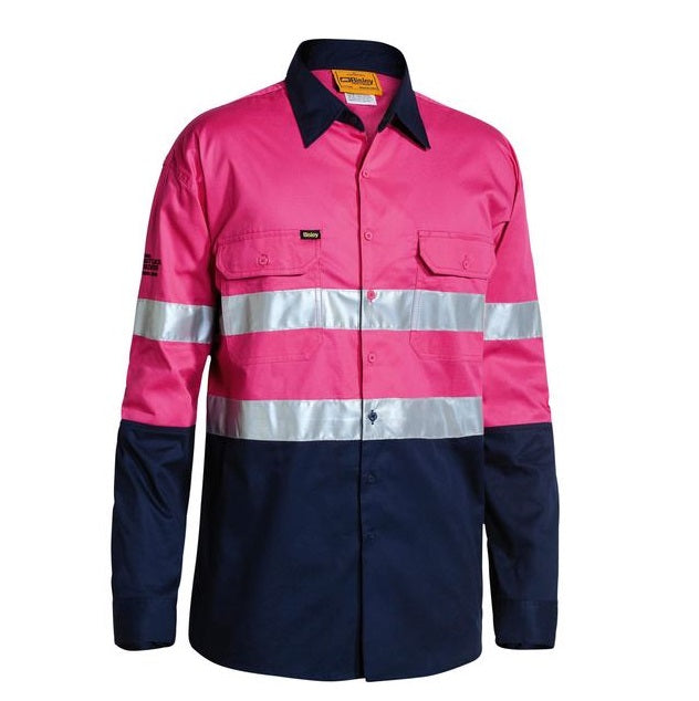Pink and navy work shirt with reflective stripes on a white background