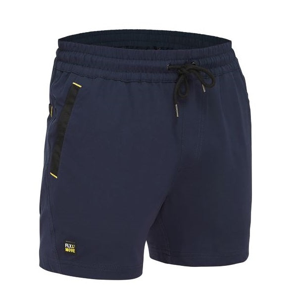 Navy blue shorts with drawstring on a white background