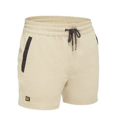 Beige shorts with black drawstring and side pocket on a white background