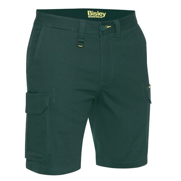 Green work shorts with Bisley Workwear branding on a white background