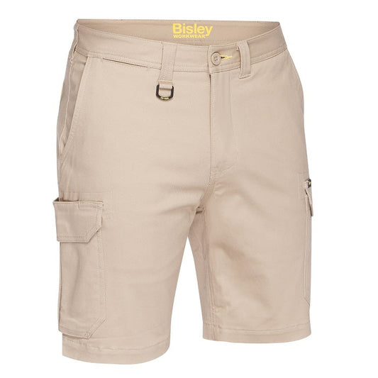 Beige shorts with cargo pockets on a white background, featuring the Bisley logo.
