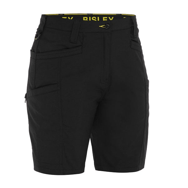 Black shorts with yellow branding on a white background