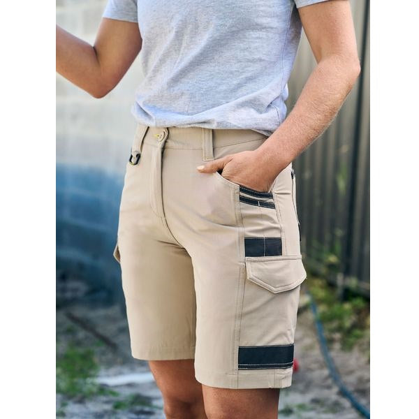 Bisley BSHL1332 Womens FLX & Move 4-Way Stretch Zip Cargo Stone Shorts - Close up with Pockets