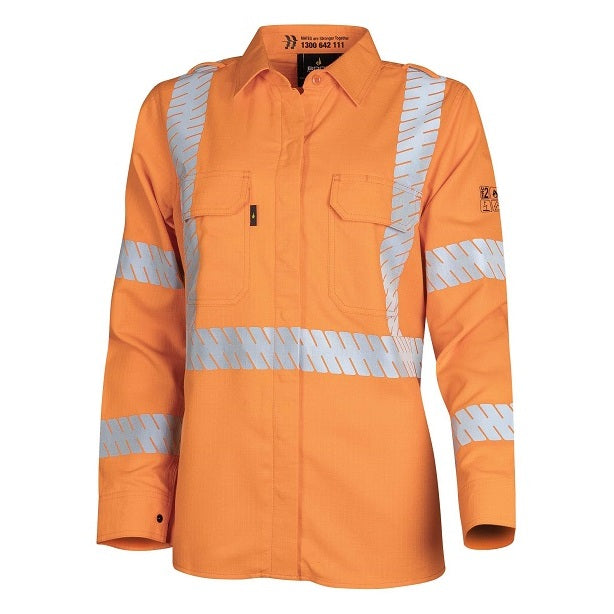 Orange work shirt with reflective stripes on a white background