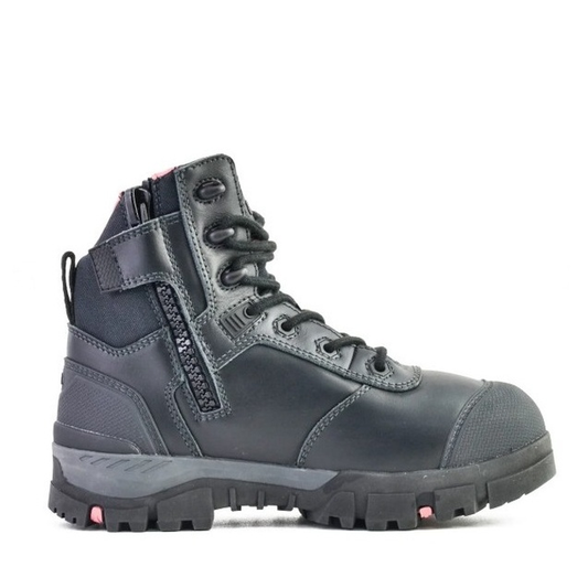 Womens premium nubuck leather, Bata 504-66012 Avenger Ladies Black, lightweight, carbon fibre safety toe, Safety Boots side zip view