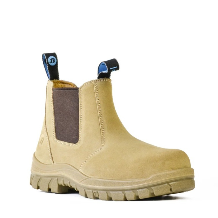 Bata 703-80514 Mercury Safety Slip-On Boots, sand suede, steel toe safety cap, front angle view