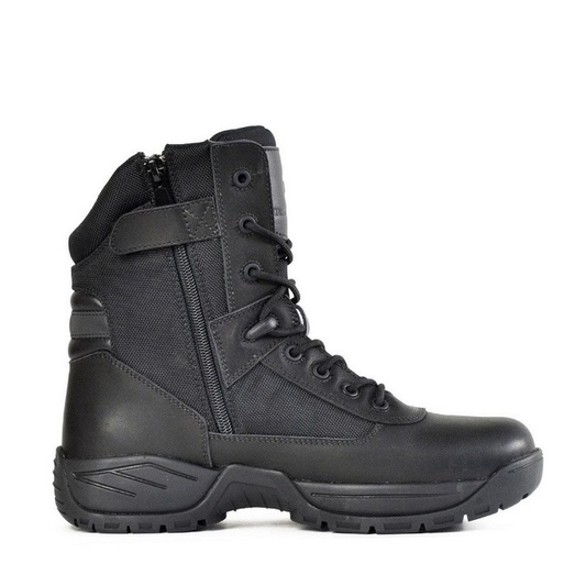 Black tactical boot, Bata 804-60416 Sentinel Non Safety Boots Premium black full-grain leather upper, zip side view