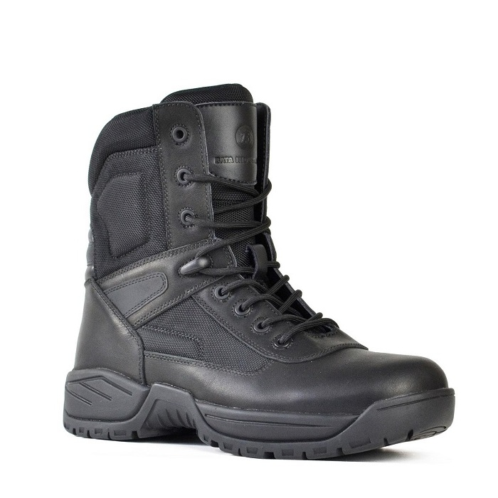 Black, high top ankle support, tactical, durable industrial work boot, Premium black full-grain leather upper, front angle view