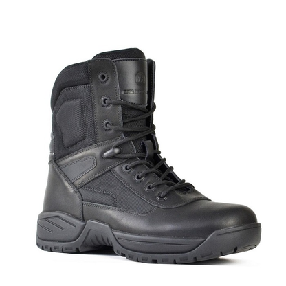 Black, high top ankle support, tactical, durable industrial work boot, Premium black full-grain leather upper, front angle view