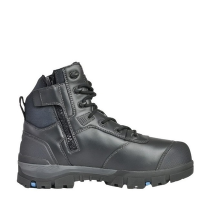 Mens premium black leather, Bata 804-66031 Avenger Black, lightweight, carbon fibre toe, side zip view