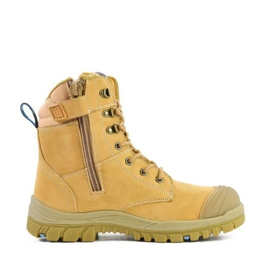 Mens Wheat coloured, slip resistant, Bata 804-80851 Defender Wheat Zip Side Safety Boots, side zip view