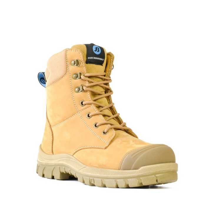 Bata 804-80851 Defender Wheat Zip Side Safety Boots, premium leather, steel toes, front angle view