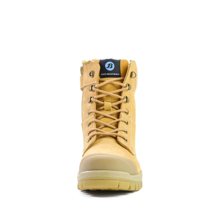 Wheat, cushioned midsole, electrical hazard protection, Bata 804-80851 Defender Wheat Zip Side Safety Boots, front view