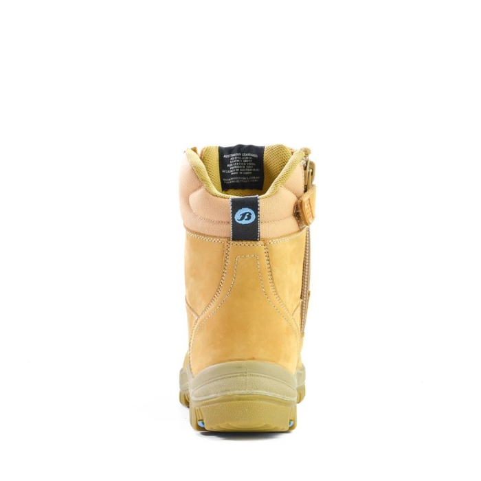 Wheat coloured, Bata 804-80851 Defender Wheat Zip Side Safety Boots. premium wheat nubuck, safety toe, rear view