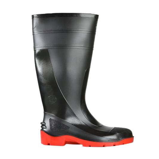 Black industrial boot with red sole, Bata 892-65190 Utility 400 Safety Boots, side view, 200J steel safety toe cap