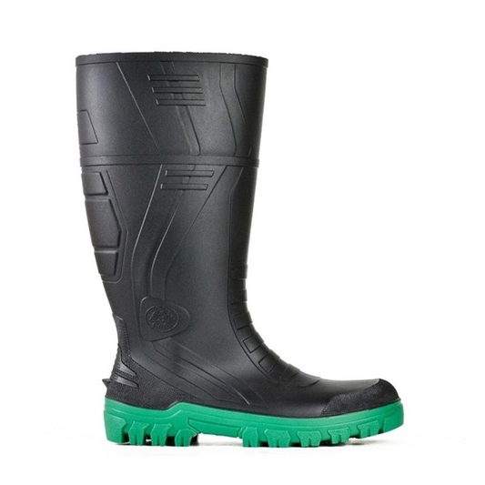 Black rubber, with green sole, boot Bata 892-67280 Jobmaster III 400 Non Safety GumBoots, slip resistant, side view