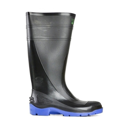 Black tall industrial gumboot with blue sole, Bata 892-69092 Utility 400 Safety Boots, SRA-rated slip-resistant sole