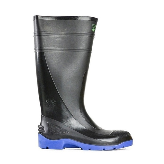 Black tall industrial gumboot with blue sole, Bata 892-69092 Utility 400 Safety Boots, SRA-rated slip-resistant sole