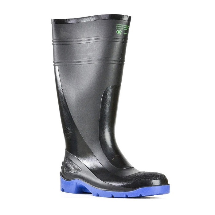 Bata 892-69092 Utility 400 Safety Boots, black with blue sole, front angle view, electrical hazard protection