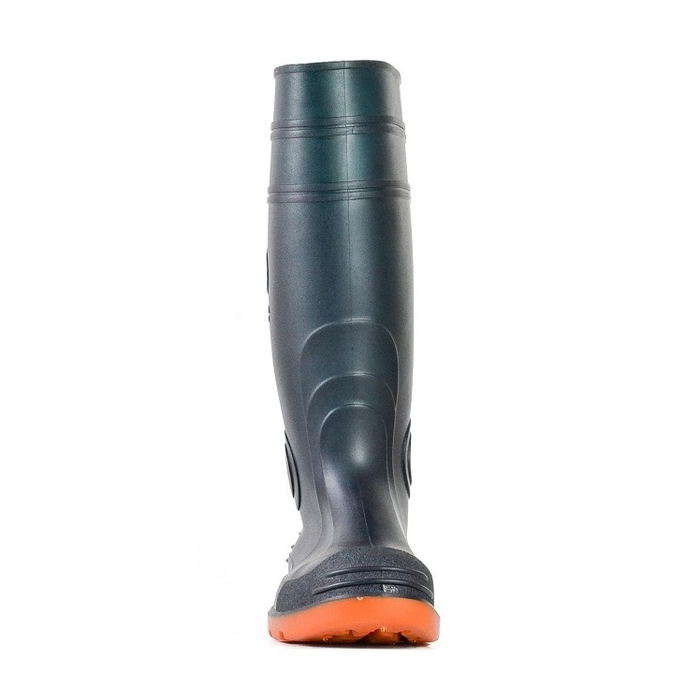 Bata 892-75192 Jobmaster III 400 Safety Boots, dark green, orange sole, front view, slip resistant