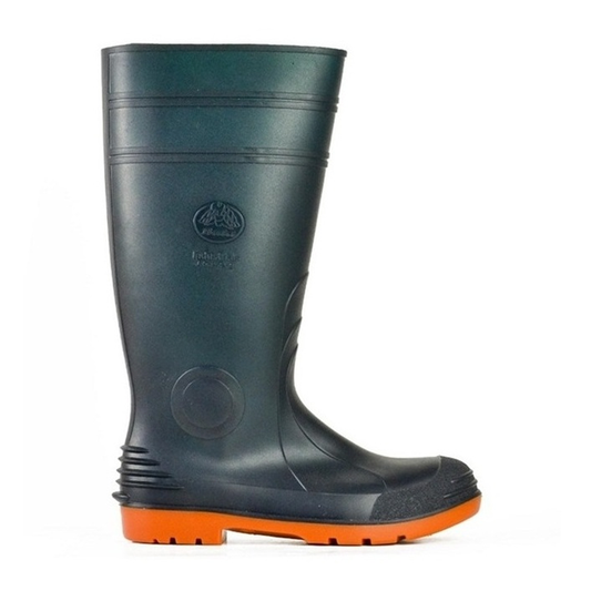 Green with Orange sole Industrial steel toe, Bata 892-75192 Jobmaster III 400 Safety Boots, worksite gumboots. side view